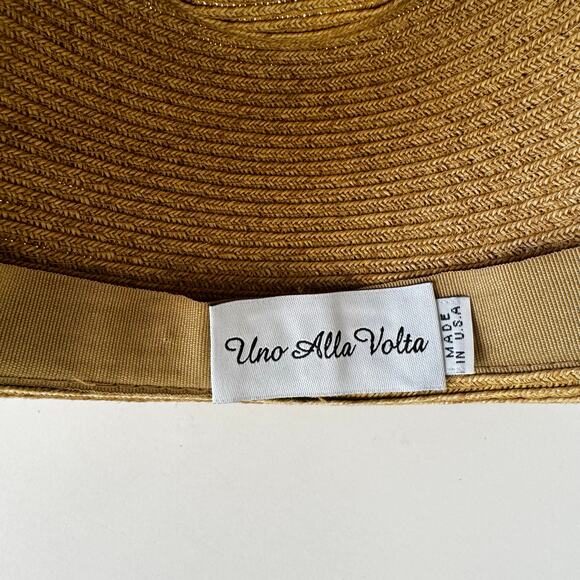 Uno Alla Volta Fedora Raffia Hat Feather Gems Rhinestone Band Tan Made in USA main image 8